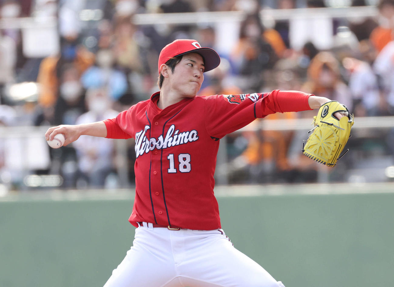 オープン戦巨人対広島　6回裏巨人、広島4番手の森下暢仁（22年2月26日撮影）