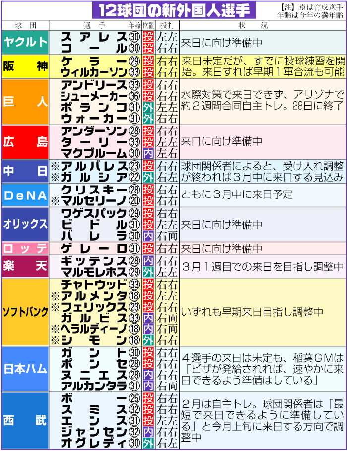 12球団の新外国人選手