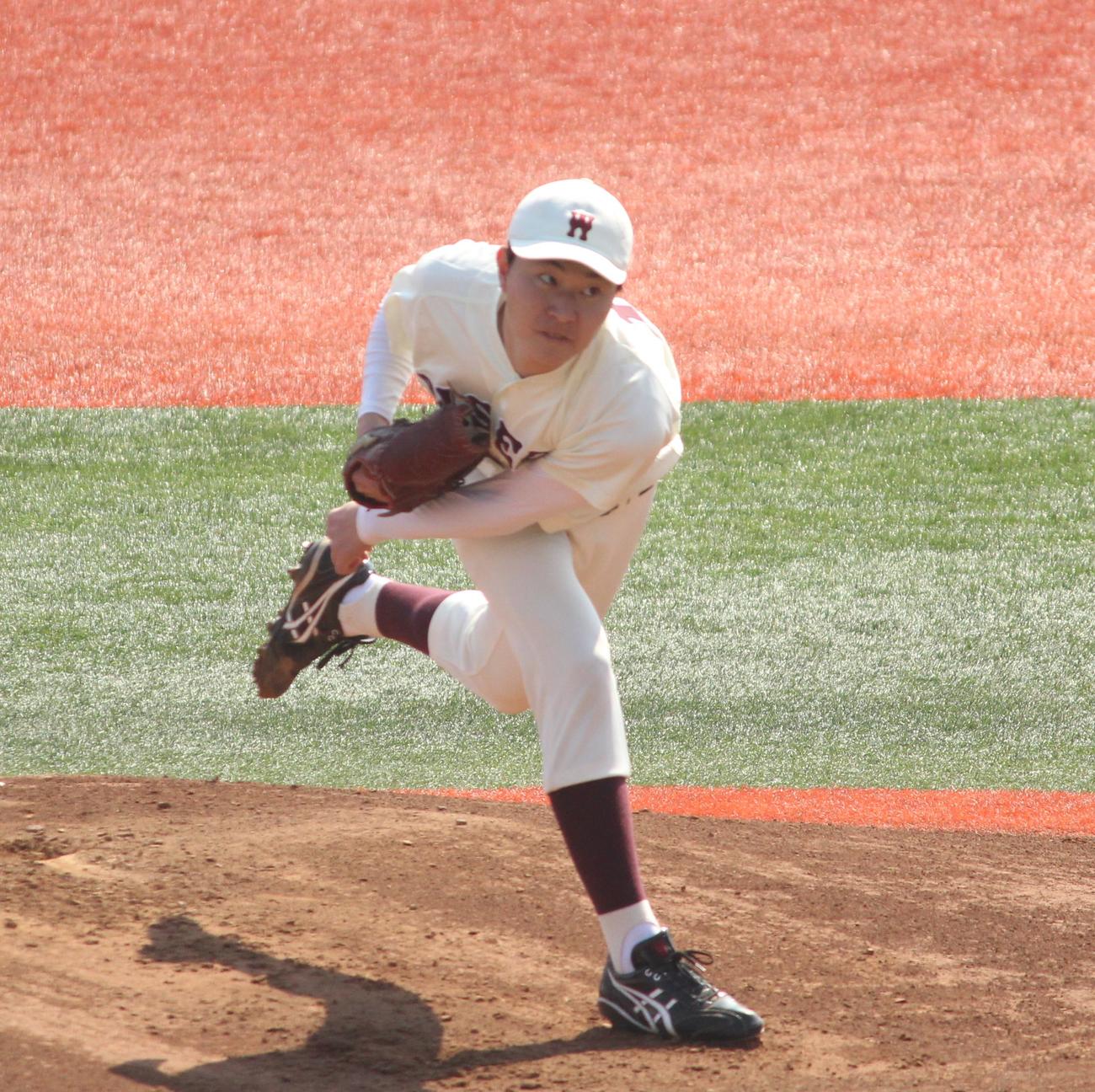 早大対DeNAプロアマ交流戦　先発し力投する早大・齋藤正投手（撮影：保坂恭子）