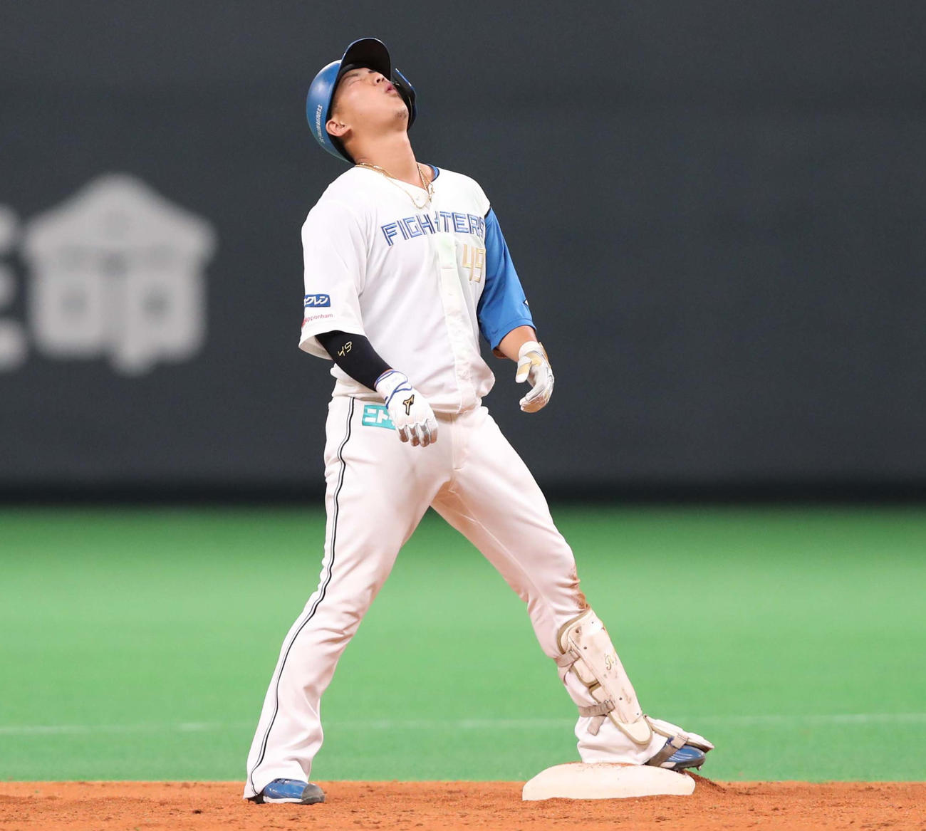 日本ハム対ヤクルト　7回裏日本ハム2死三塁、右前適時二塁打を放ちホッとした表情の佐藤（撮影・黒川智章）