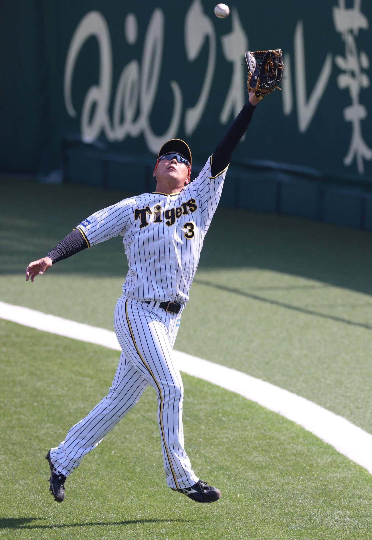 外野ノックでジャンプする大山悠輔（撮影・上田博志）
