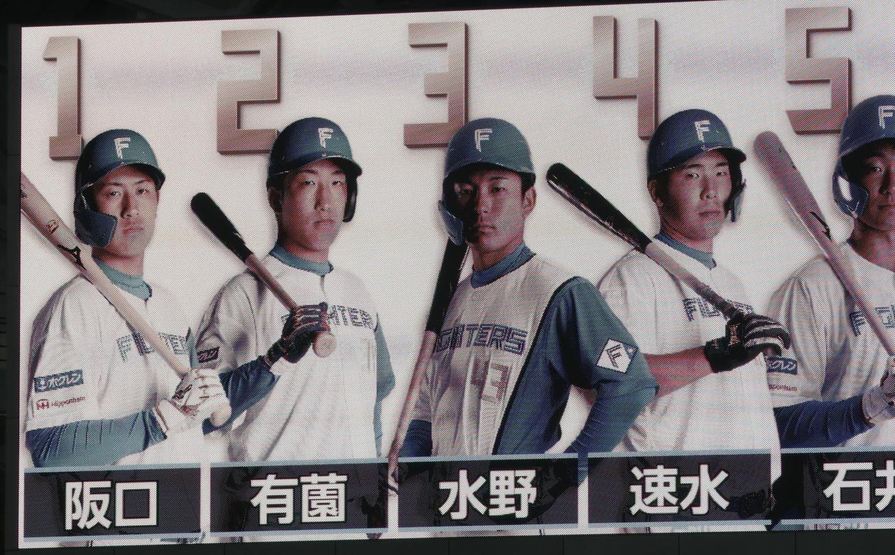 日本ハム対巨人　1番阪口、2番有薗、3番水野、4番速水で構成された日本ハムのスタメン（撮影・佐藤翔太）