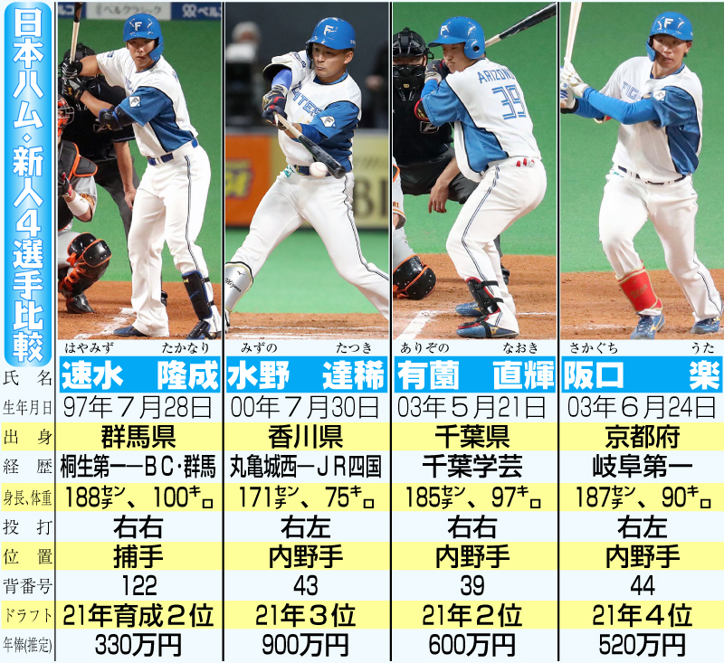 日本ハムの新人４選手比較