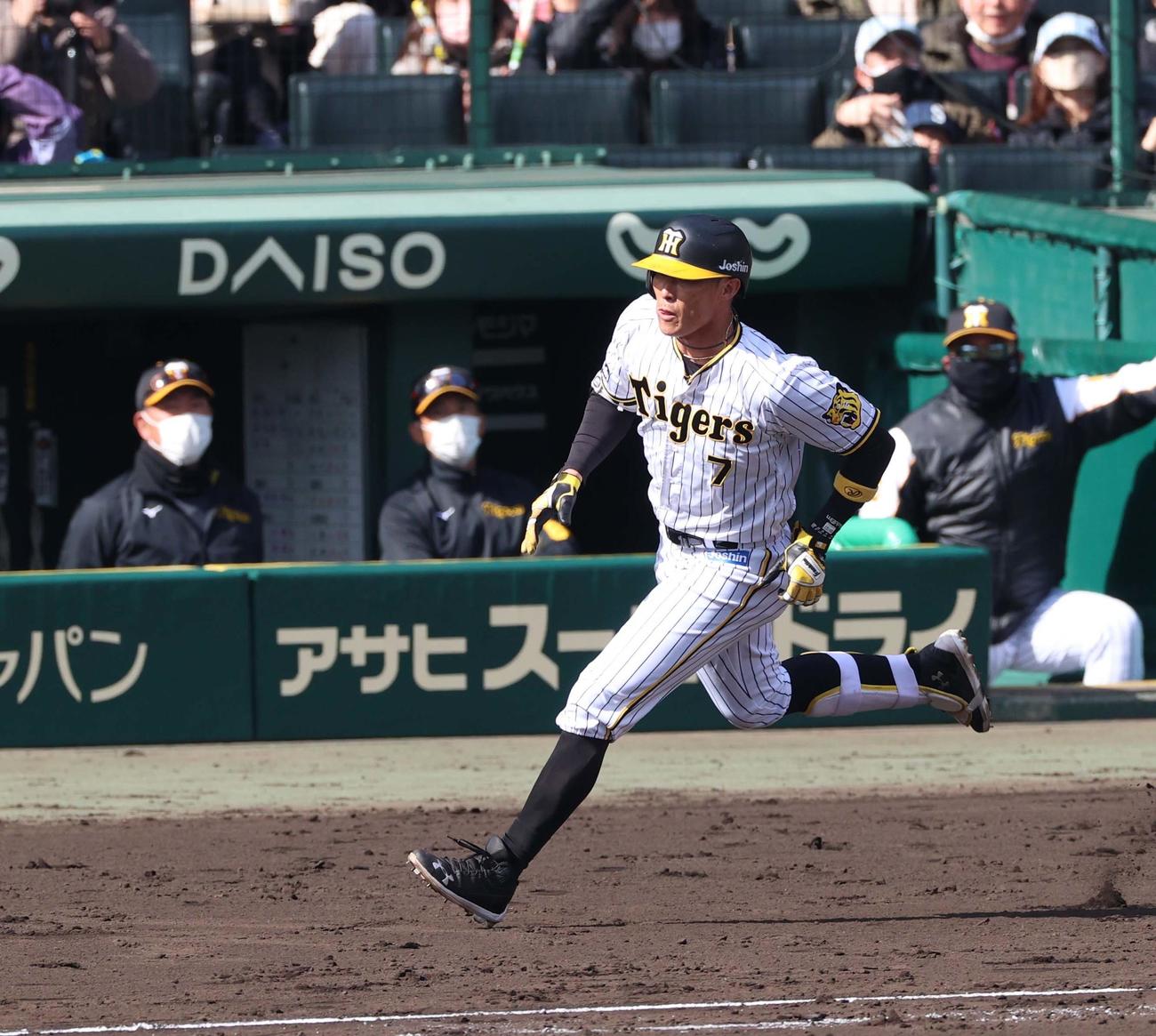阪神対楽天オープン戦　4回裏阪神1死二塁、糸井は中越え2点本塁打を放つ。（左から2人目）は矢野監督（撮影・上田博志）