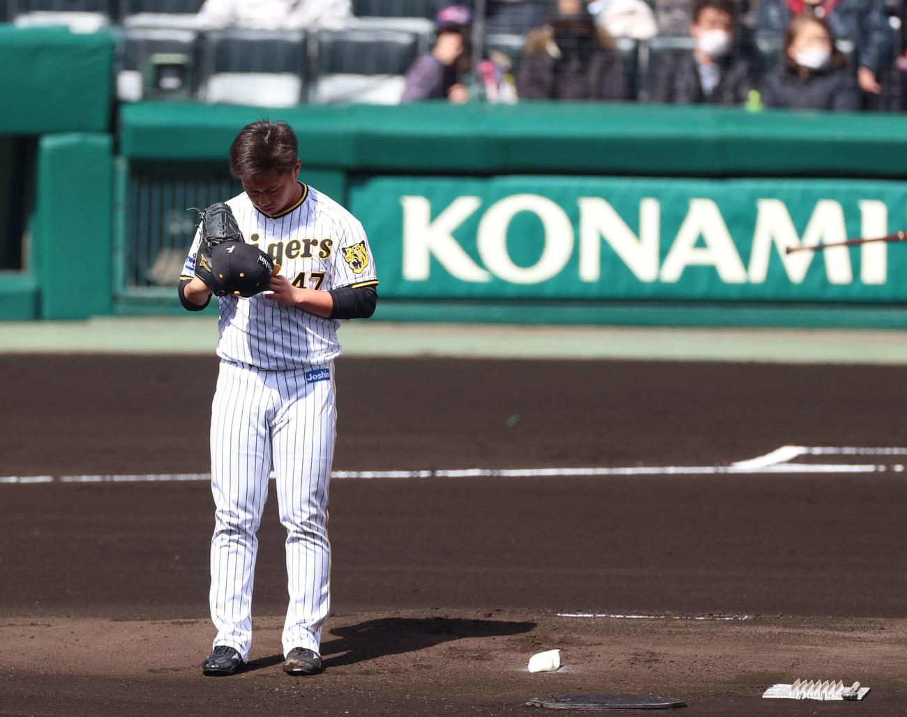 阪神対楽天　1回表、帽子を見つめて精神統一する阪神桐敷（撮影・上田博志）