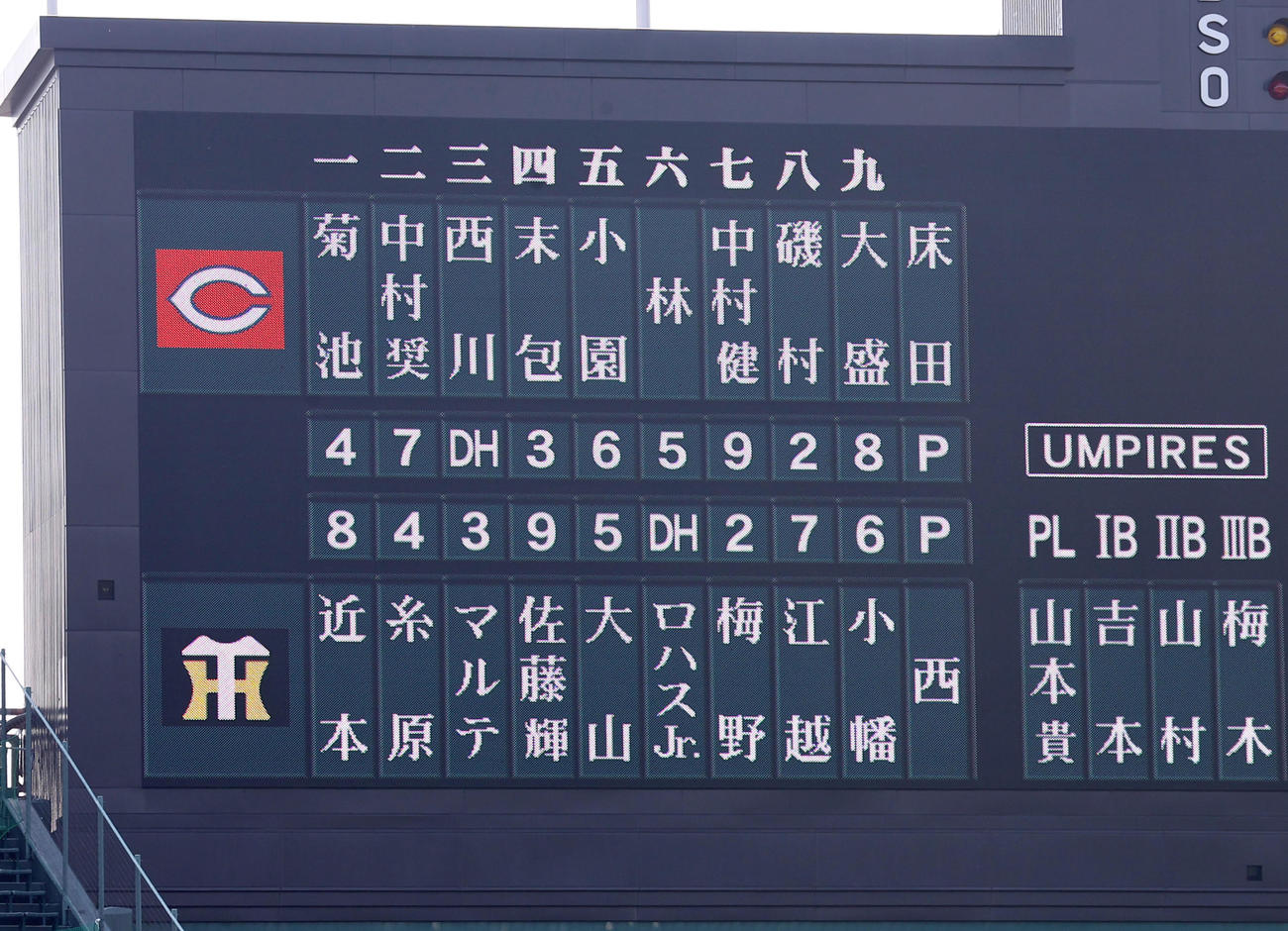 阪神対広島　両チームのスタメン（撮影・上山淳一）