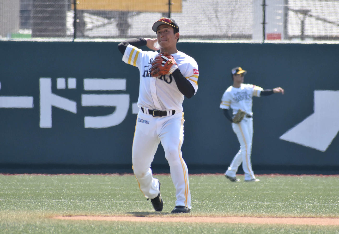 教育リーグ中日戦前に遊撃でノックを受けるソフトバンク野村勇（撮影・只松憲）