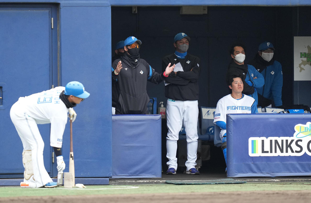 日本ハム対ロッテ　8回裏日本ハム無死、ヌニエスの左二塁打に両手を広げる新庄監督（左から2人目）（撮影・鈴木みどり）
