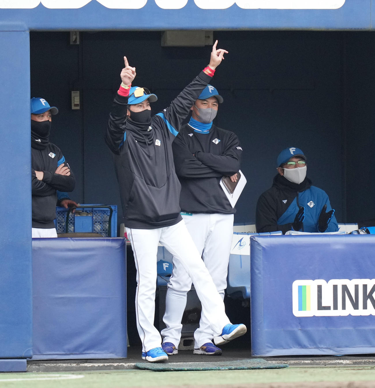 日本ハム対ロッテ　8回裏日本ハム1死一、三塁、清水の右適時二塁打に歓喜する新庄監督（中央）（撮影・鈴木みどり）