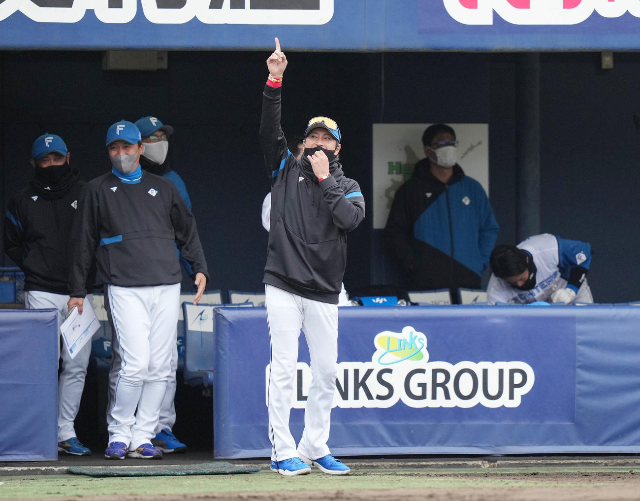 日本ハム対ロッテ　8回裏日本ハム2死二、三塁、万波の3点本塁打にベンチを飛び出し喜ぶ新庄監督（中央）（撮影・鈴木みどり）