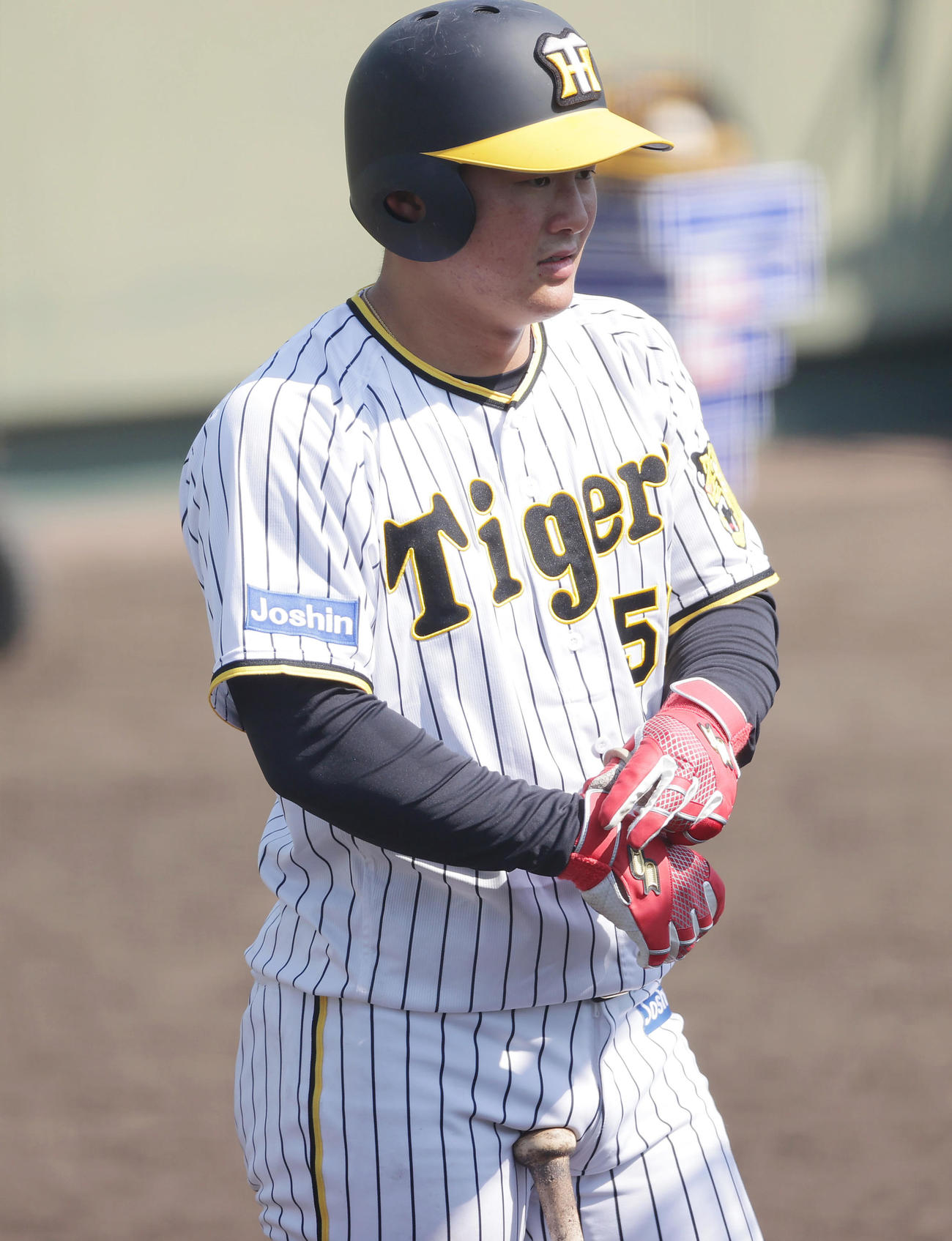 フリー打撃の準備をする阪神前川（撮影・前田充）