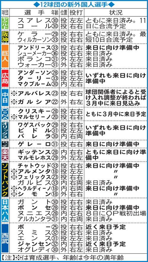 12球団の新外国人選手