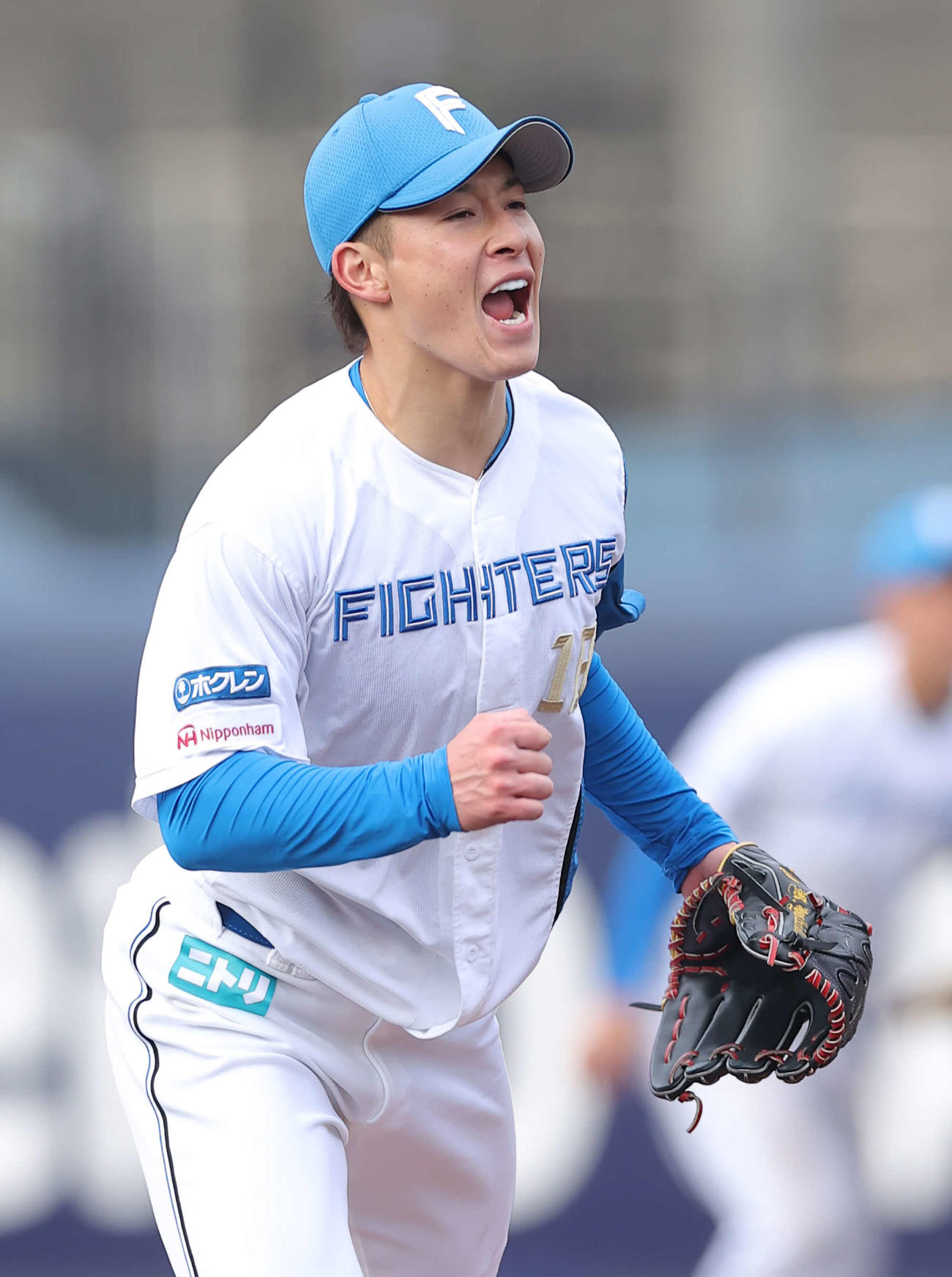 日本ハム対ロッテ　9回表ロッテ2死二、三塁、茶谷を空振り三振に仕留め、雄たけびを上げる吉田（撮影・河野匠）