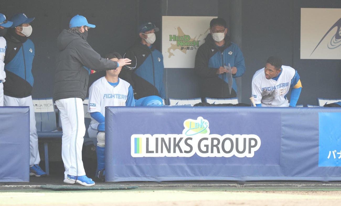 日本ハム対ロッテ　5回裏日本ハム1死二、三塁、左越え3点本塁打を放った万波（右）に声をかける新庄監督（左から3人目）（撮影・鈴木みどり）