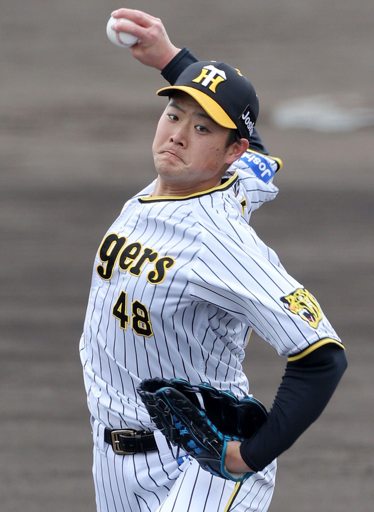 シート打撃で投球する阪神斎藤（撮影・上山淳一）