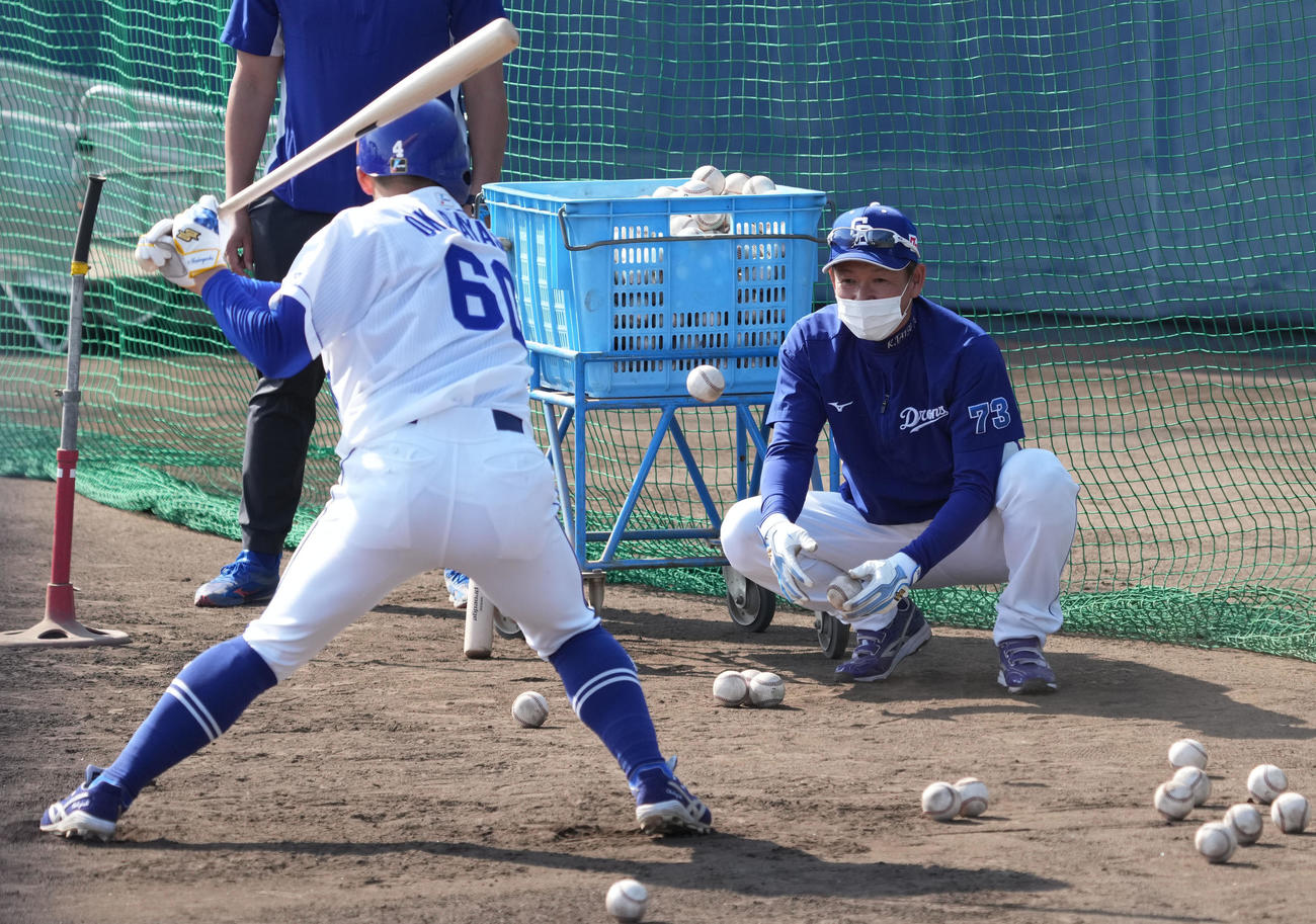 中日練習　岡林の打撃練習でボールをトスする立浪監督（撮影・森本幸一）