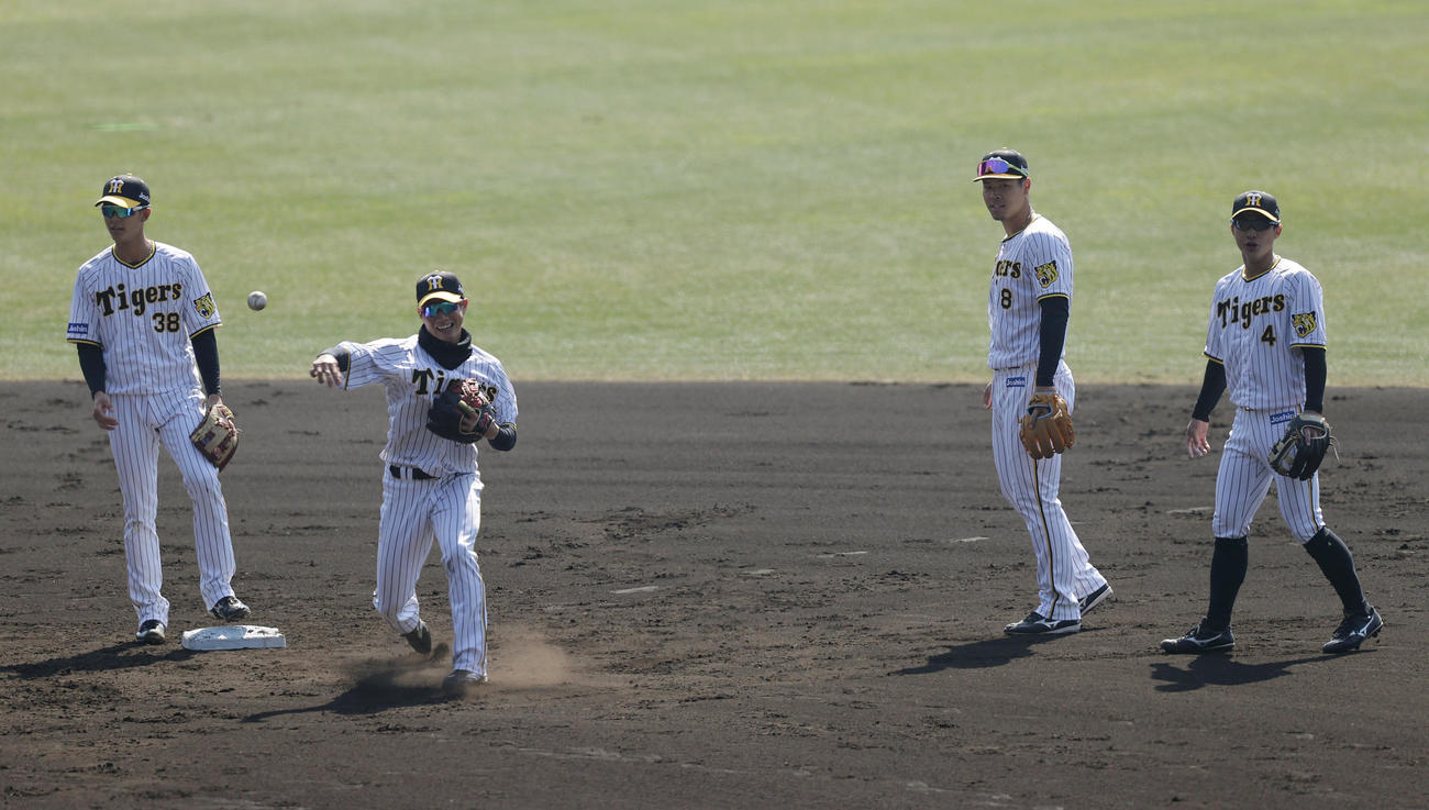 二塁でシートノックを受ける阪神佐藤輝（右から2人目）。左端は小幡、左から2人目は木浪、右端は熊谷（撮影・前田充）