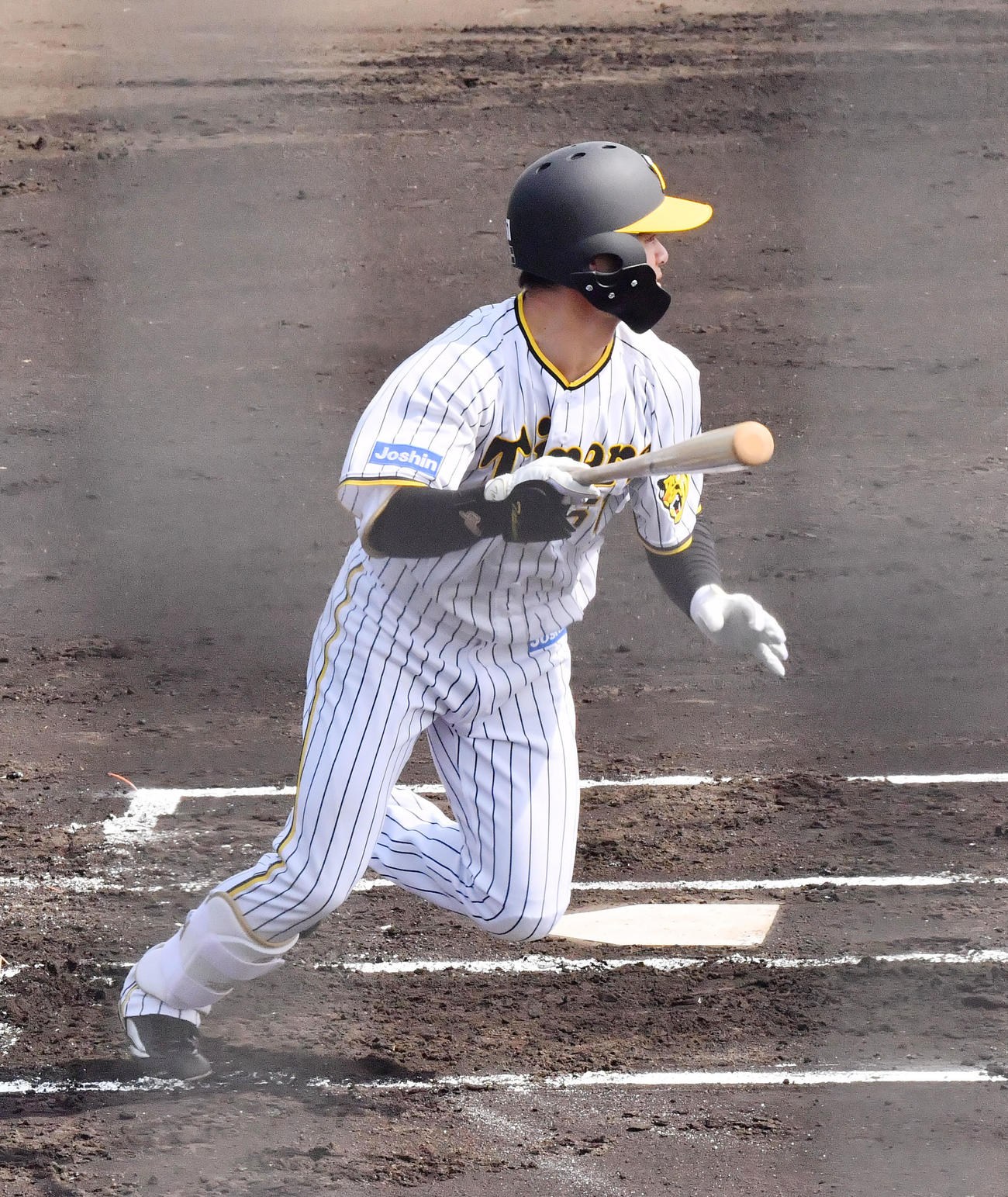 教育リーグ阪神対中日　1回裏阪神1死、中前打を放つ中野（撮影・和賀正仁）
