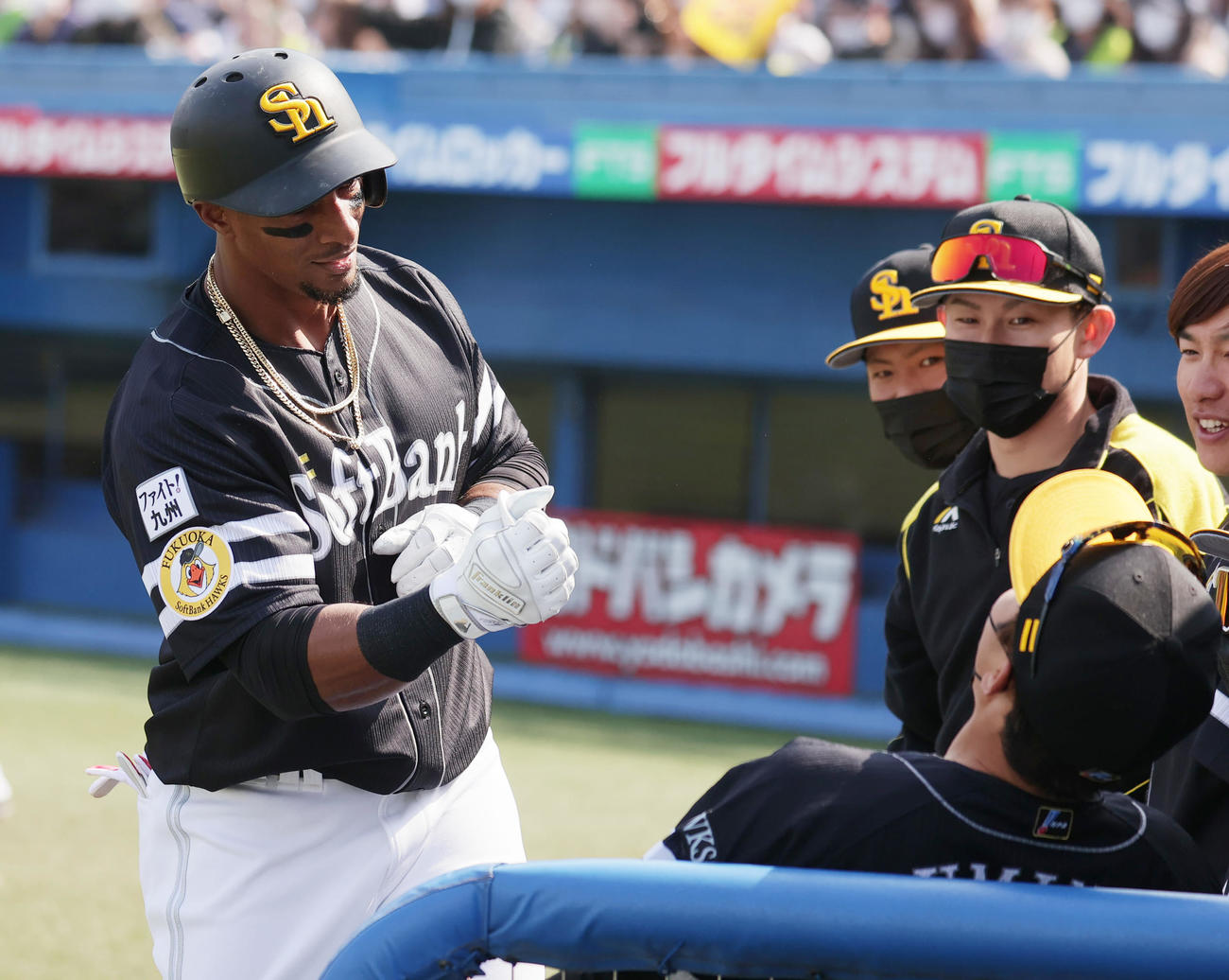 ヤクルト対ソフトバンク　2回表ソフトバンク無死、右越え本塁打を放ちベンチに迎えられるグラシアル（撮影・野上伸悟）