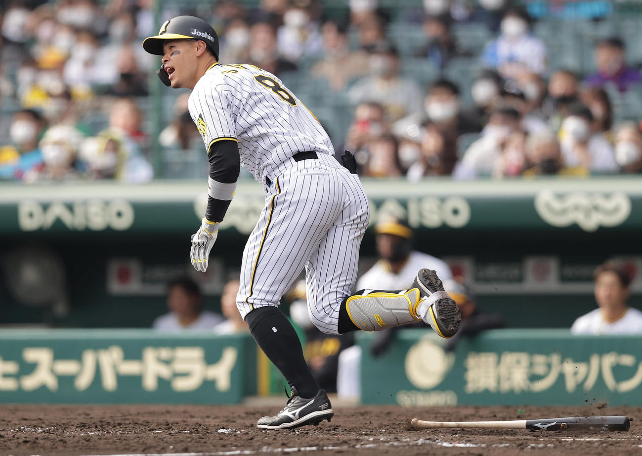 阪神対中日　5回裏阪神2死、左飛に倒れる佐藤輝（撮影・前田充）