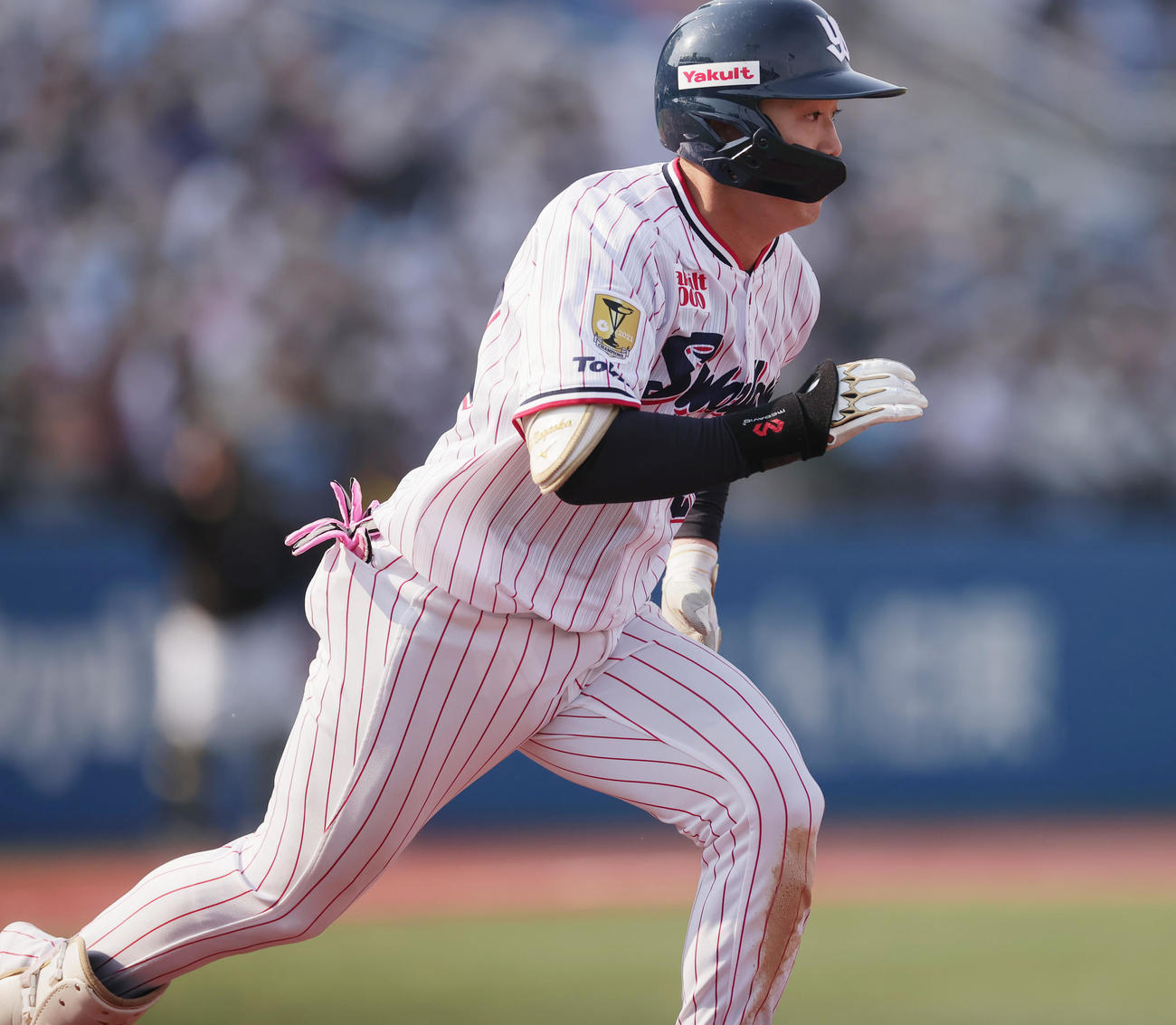 ヤクルト対ソフトバンク　1回裏ヤクルト1死一塁、右前打を放つ長岡（撮影・野上伸悟）