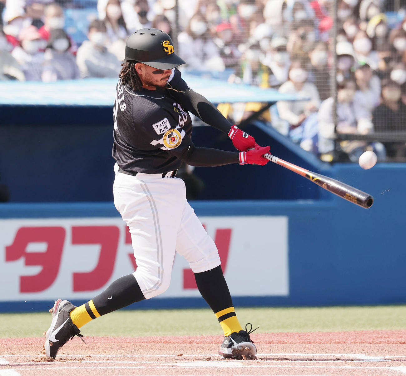 ヤクルト対ソフトバンク　1回表ソフトバンク1死、左翼ポール際に大ファウルを放つガルビス（撮影・野上伸悟）
