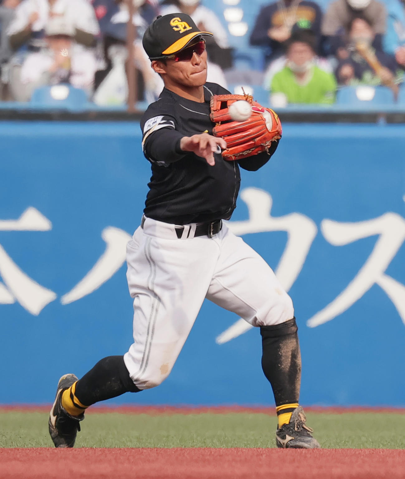 ヤクルト対ソフトバンク　5回裏ヤクルト無死、塩見のニゴロを捕球し一塁へ送球する野村勇（撮影・野上伸悟）