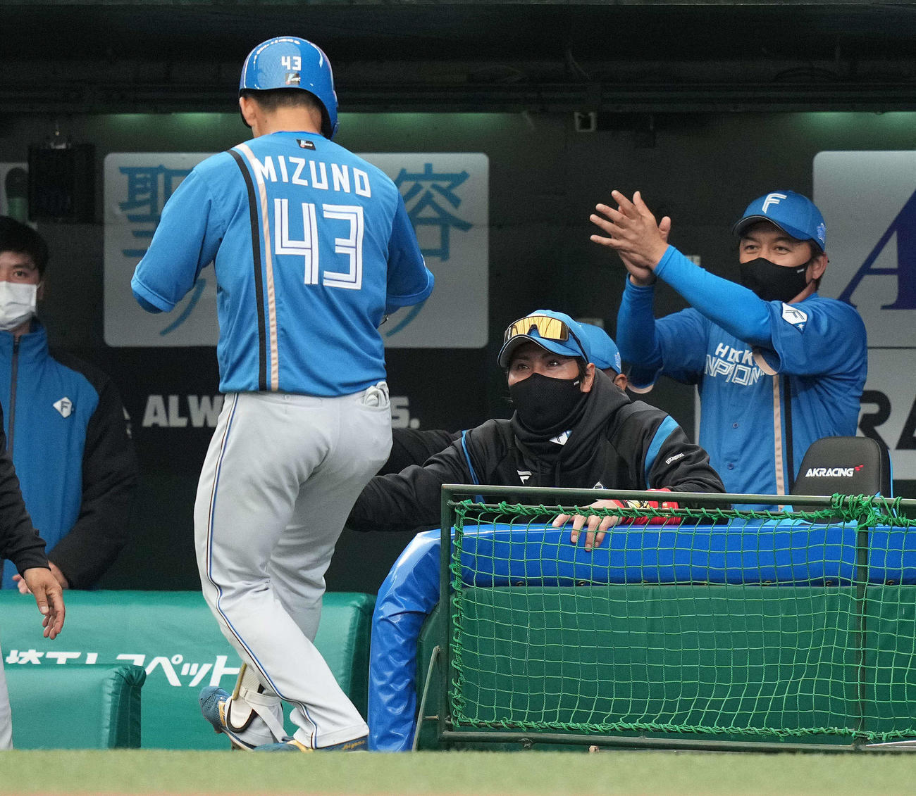西武対日本ハム　5回表日本ハム無死、右越えソロ本塁打を放った水野（左手前）を迎える新庄監督（右から2人目）（撮影・鈴木みどり）