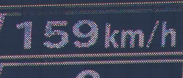 ロッテ対広島　電光掲示板に映し出されたロッテゲレーロのこの試合の最高球速159キロ（撮影・菅敏）