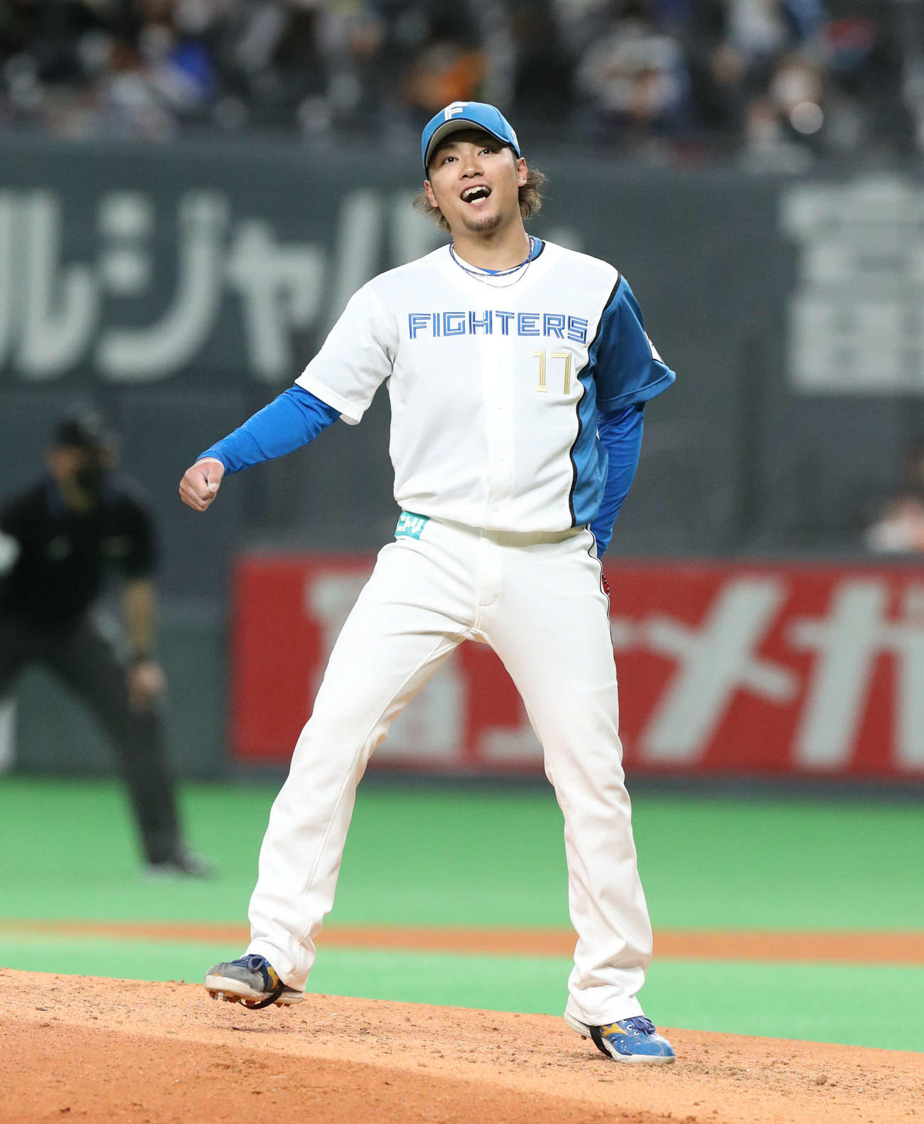日本ハム対DeNA 6回表DeNA1死、戸柱を三振にとり笑顔を見せる伊藤（撮影・佐藤翔太）