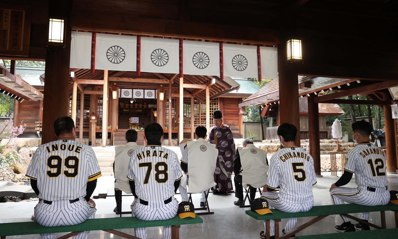 広田神社で必勝祈願を行う左から井上ヘッドコーチ、百北球団社長、平田2軍監督、矢野監督、一人飛ばして藤原オーナー、近本、坂本（代表撮影）