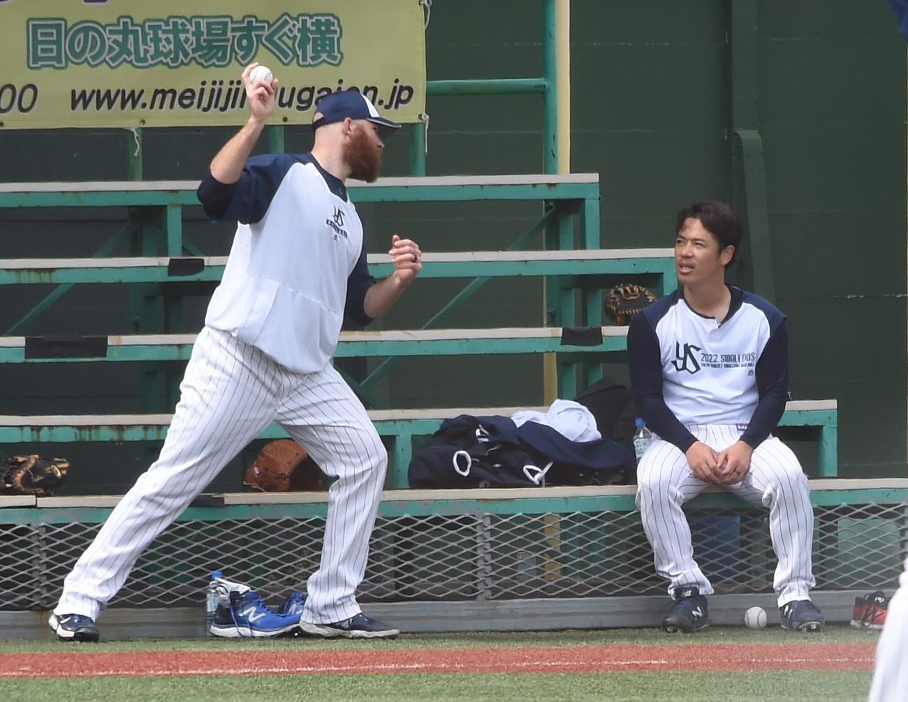 サイスニードと話すヤクルト小川（撮影・鈴木正章）