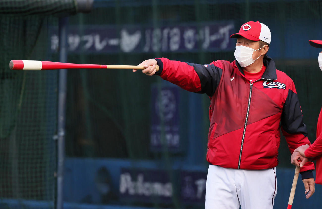 練習を見つめる広島佐々岡監督（撮影・足立雅史）