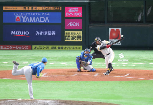 ソフトバンク対日本ハム　4回裏ソフトバンク1死、上林誠知は死球を受ける（撮影・梅根麻紀）