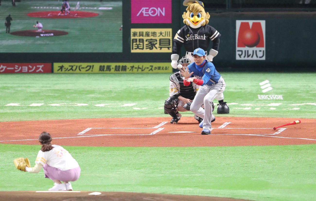 ソフトバンク対日本ハム　始球式で打席に立つ新庄剛志監督、井上清華の投げた球を素手で捕球しそのまま届ける（撮影・梅根麻紀）