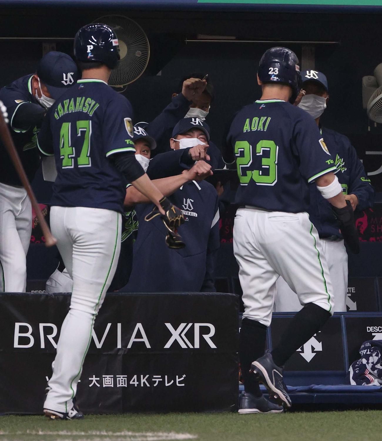 阪神対ヤクルト　6回表ヤクルト2死満塁、高津監督（中央）はサンタナに先制2点適時打で生還した高橋（左）と青木を出迎える（撮影・上田博志）