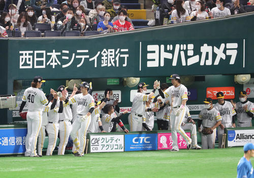 日本ハム対ソフトバンク　1回裏ソフトバンク2死一塁、栗原陵矢は右越えに2点本塁打を放ちベンチのナインとハイタッチ（撮影・梅根麻紀）