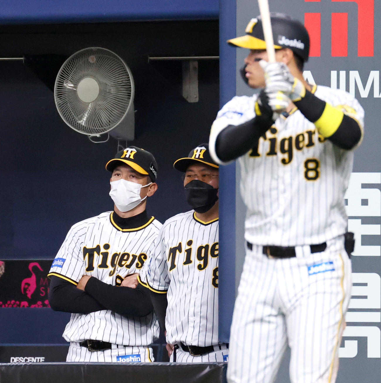 阪神対ヤクルト　5回裏、ネクストバッターズサークルで準備する阪神佐藤輝（手前）と戦況を見る矢野監督（撮影・上山淳一）