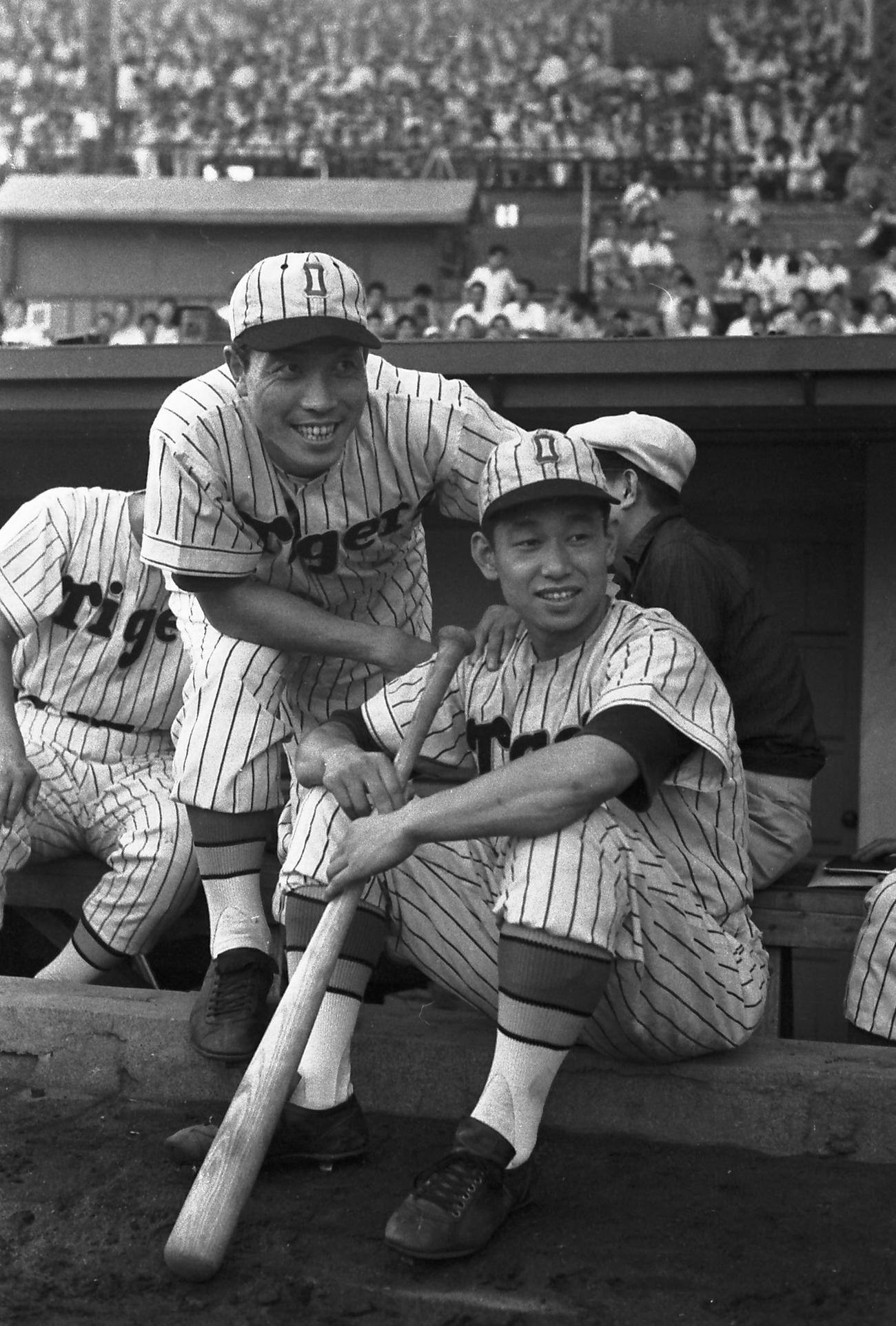 56年、ベンチ前に座る大阪タイガース田宮謙次郎（左）と吉田義男