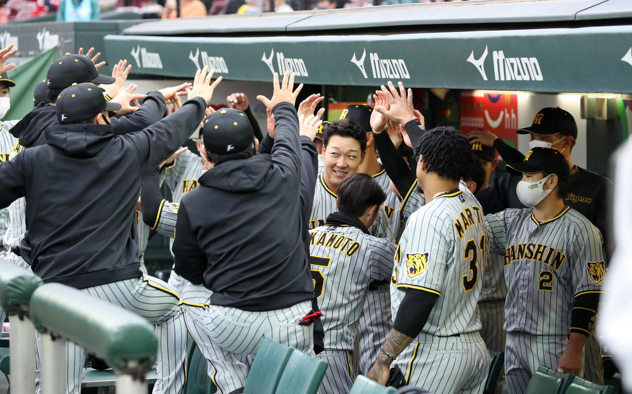 広島対阪神　試合前の円陣を終えナインとハイタッチスル大山（撮影・加藤哉）