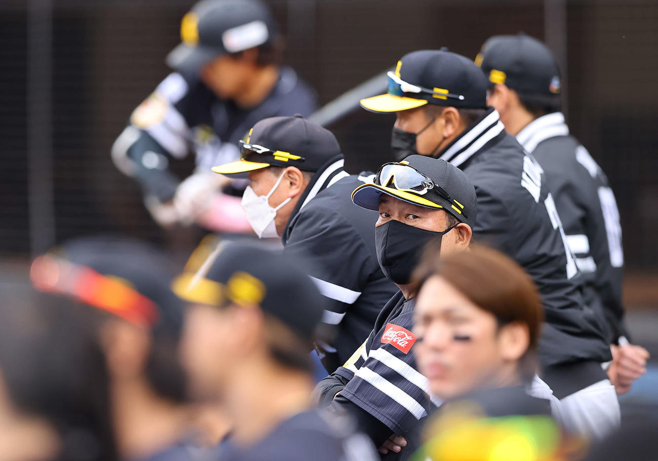 ロッテ対ソフトバンク　7回表ソフトバンクの攻撃中、ベンチを見渡す藤本監督（中央）（撮影・垰建太）