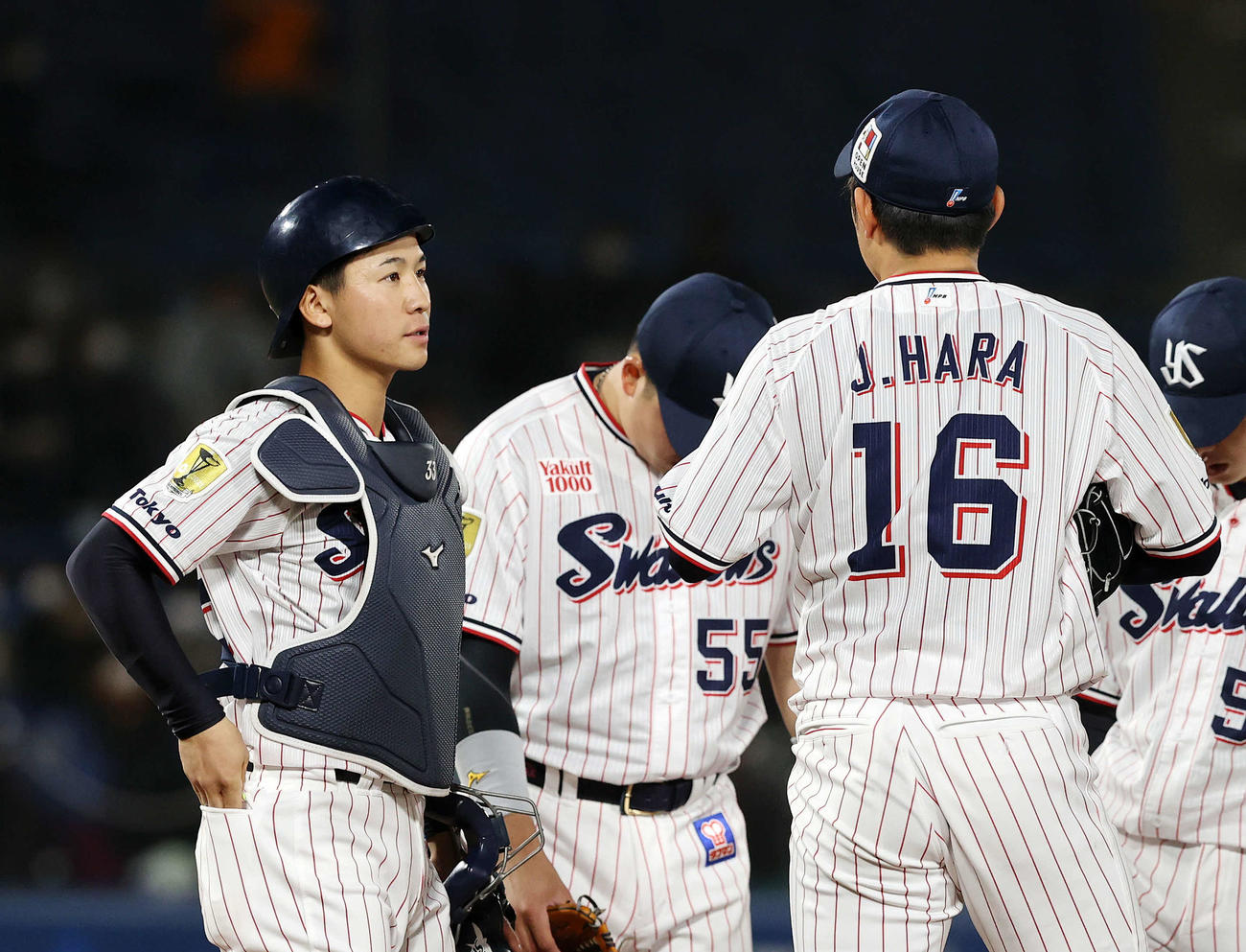 ヤクルト対巨人　6回表、マウンドで原（右）と話すヤクルト内山（撮影・鈴木正人）