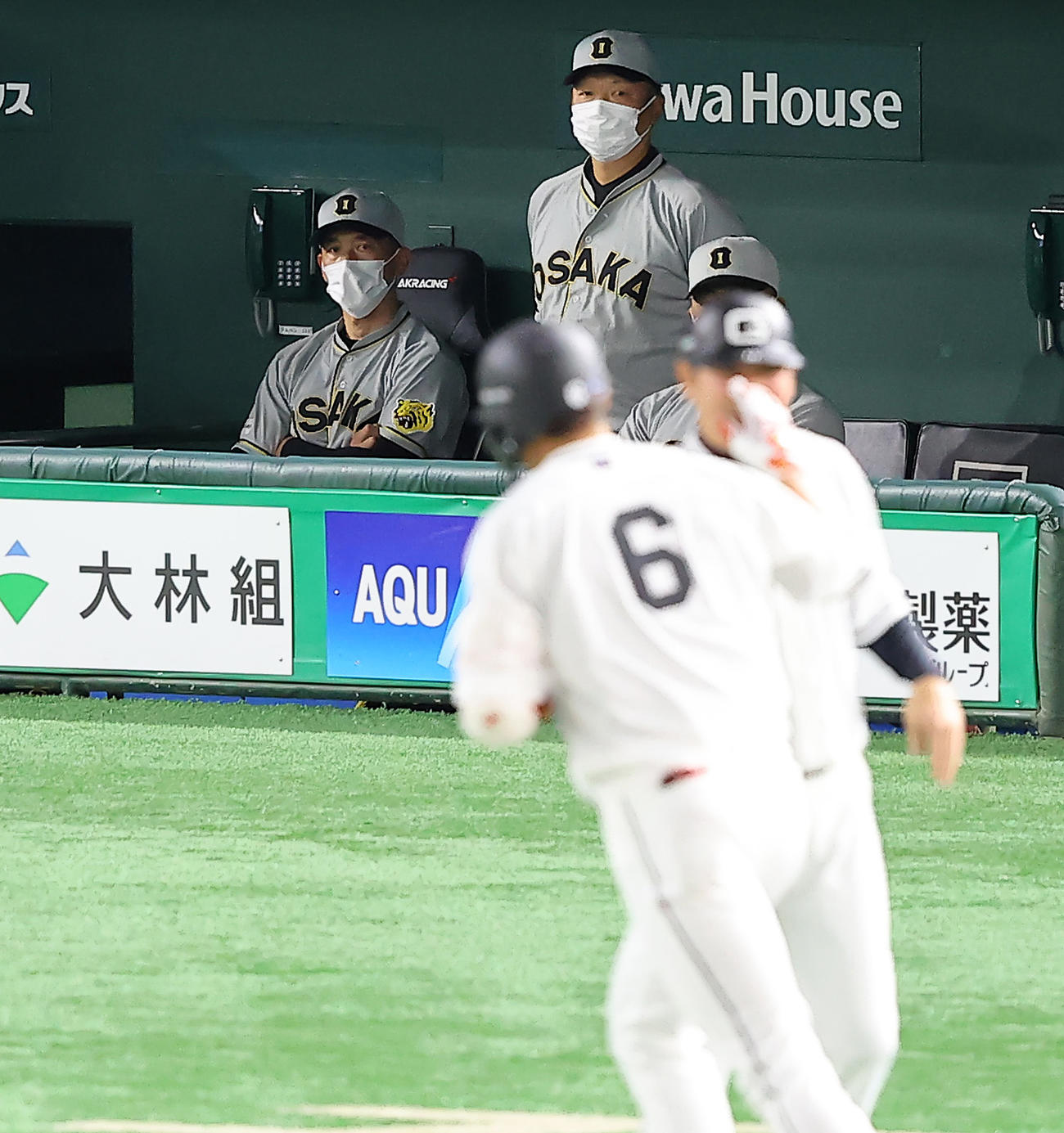 巨人対阪神　1回裏巨人1死、先制のソロ本塁打をはなった坂本（6番）をベンチからじっと見つめる矢野監督（左）（撮影・垰建太）