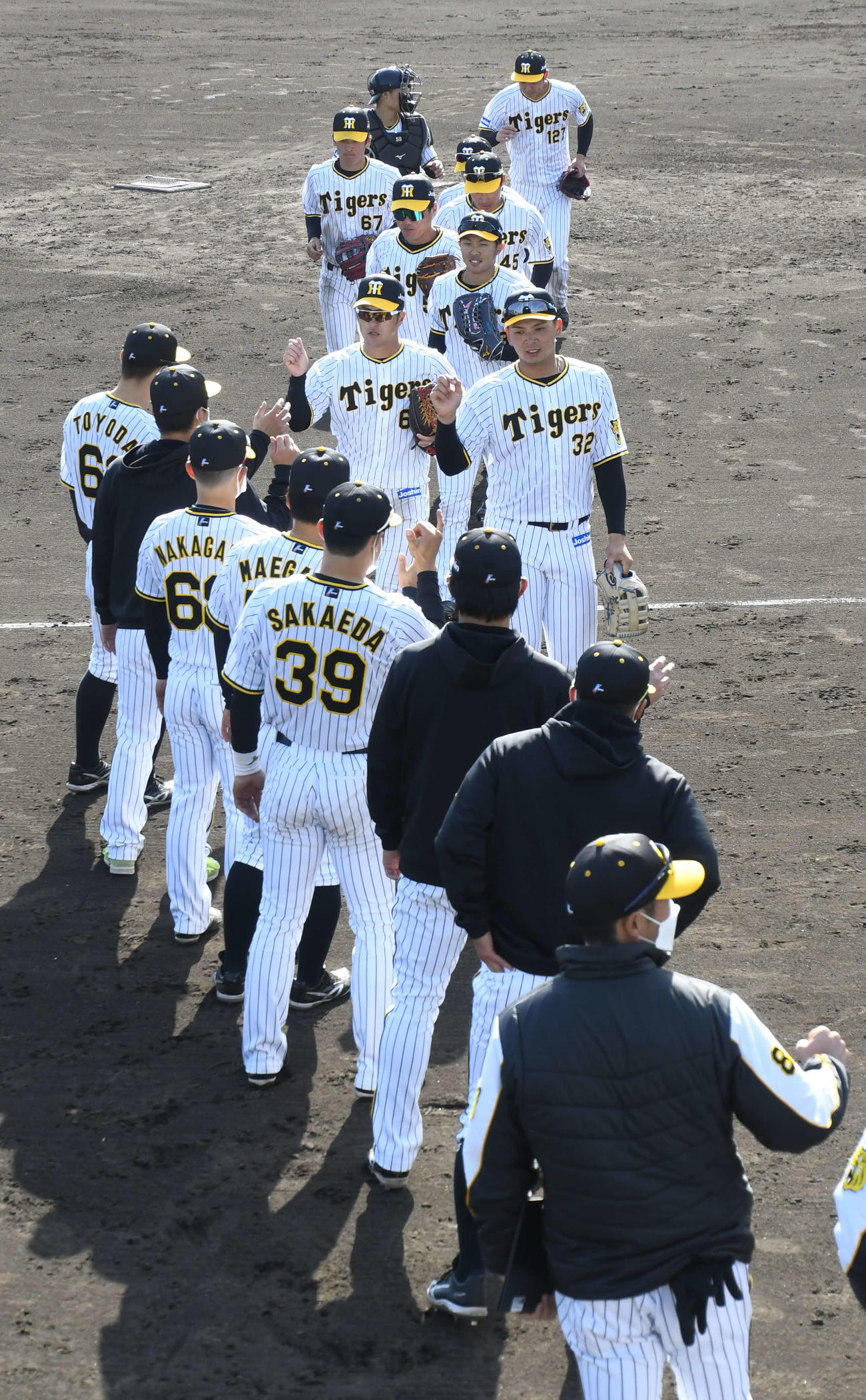 ウエスタン・リーグ　オリックスに勝利し、タッチを交わす阪神ナイン（撮影・中野椋）