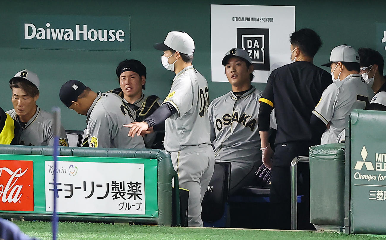 巨人対阪神　3回表の登板を終えベンチで厳しい表情で話す阪神先発の藤浪（左から5人目）と梅野（同3人目）（撮影・垰建太）