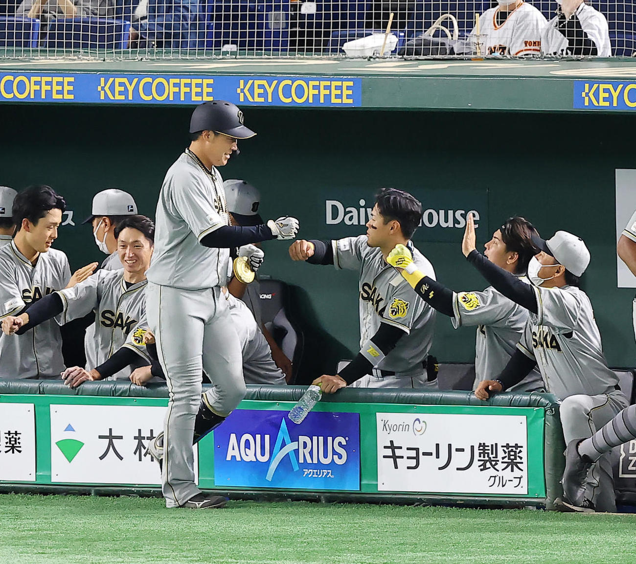 9回表阪神2死二塁、2点本塁打を放ちナインの出迎えを受ける大山（撮影・垰建太）