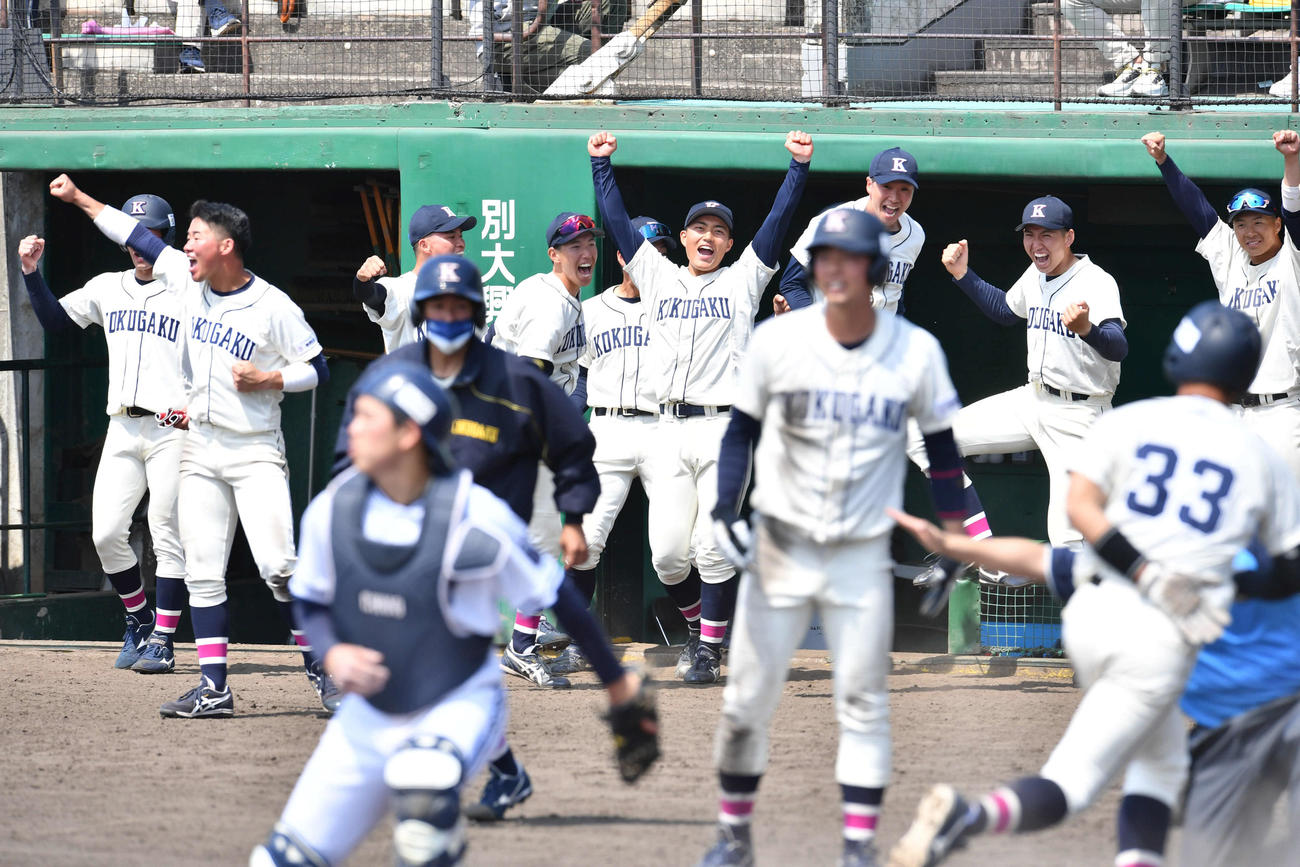 国学院大対中大　7回裏国学院大1死満塁、神里が右前2点適時打を放ち、歓喜する国学院大ナイン（撮影・岩下翔太）