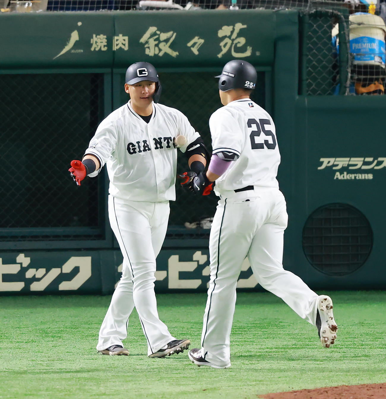 巨人対阪神　5回裏巨人無死、ソロ本塁打を放った岡本和（右）をタッチで迎える中田（撮影・垰建太）