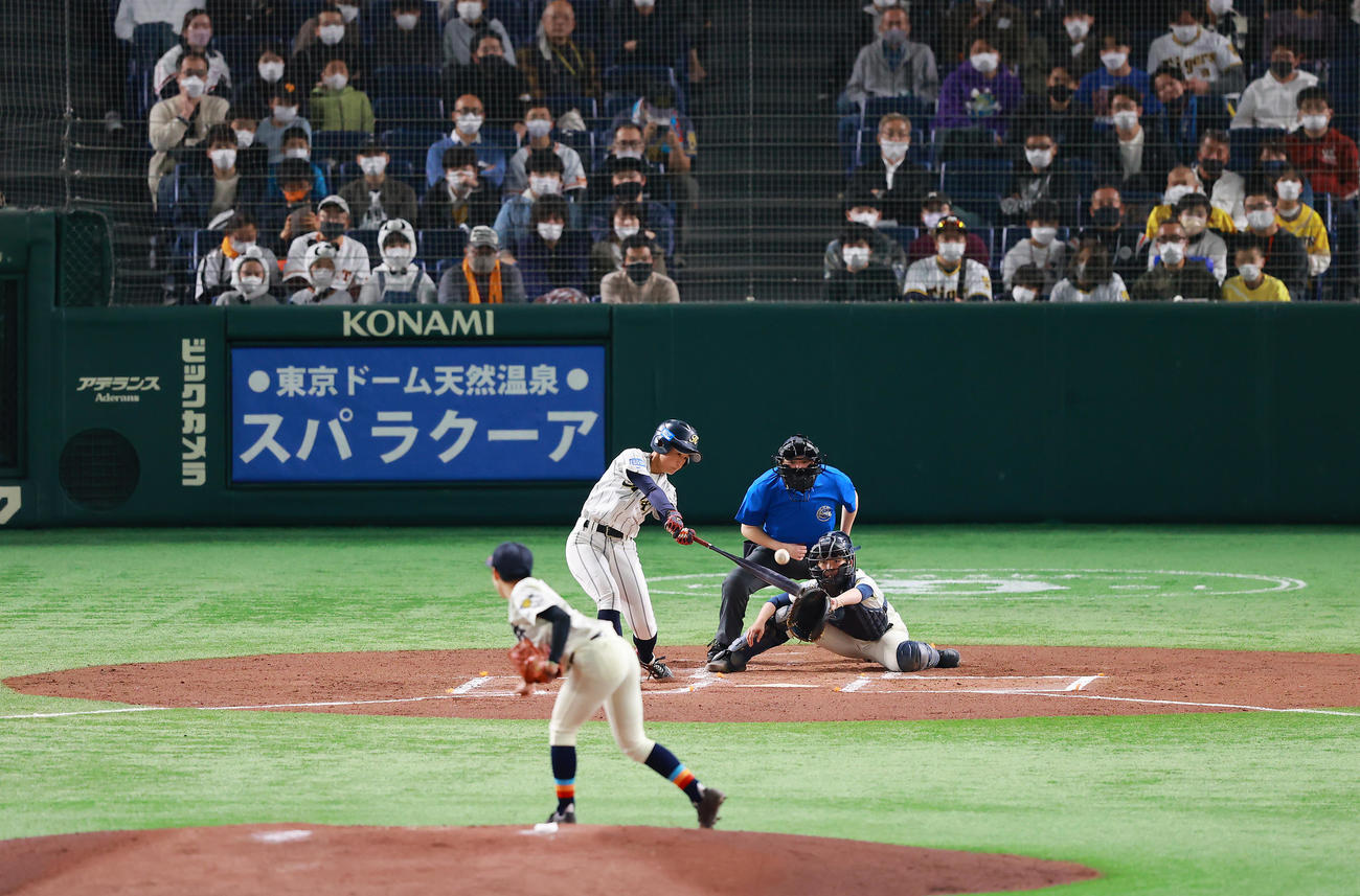 福井工大福井対神戸弘陵　1回裏神戸弘陵1死、中前打を放つ正代。投手吉森（撮影・垰建太）