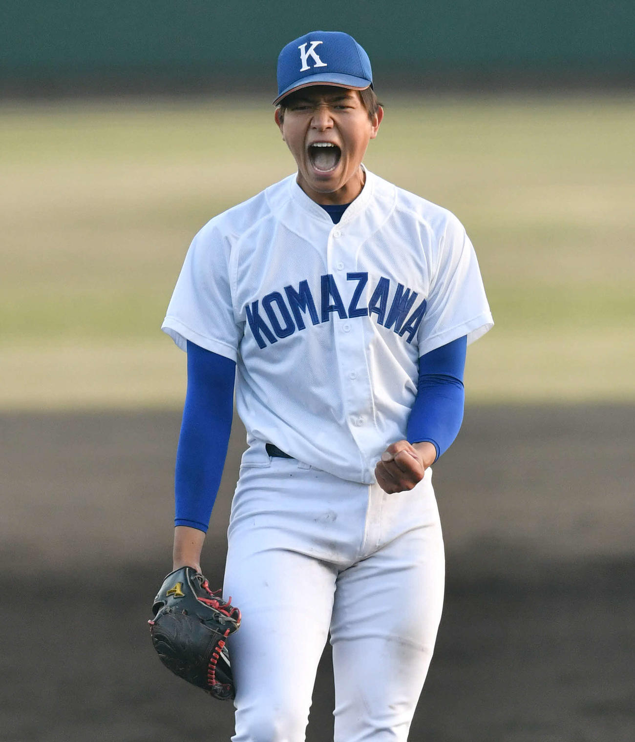 駒大対亜大　8回表亜大1死一塁、草部を三振に抑え、雄たけびをあげる駒大・高井（撮影・岩下翔太）